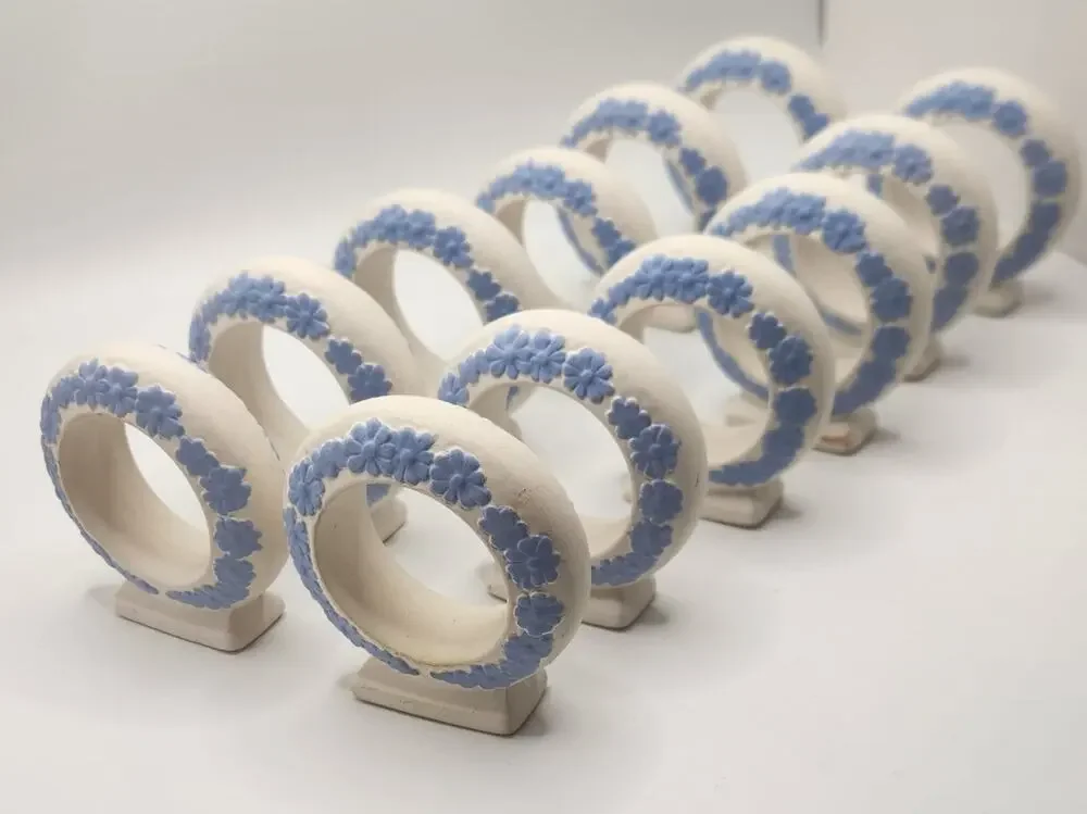 Vintage Ceramic Floral Napkin Rings Set of 12 Ivory & Blue Raised Daisy Design